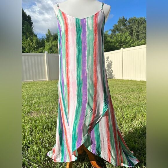 Lulu’s brushstroke of luck green multi stripe high low dress Sz S - Picture 1 of 9